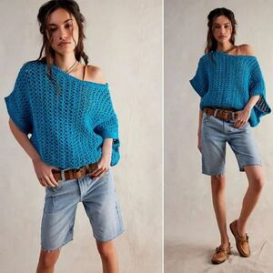 NWOT Free People Ghost Town Long Short, Sz 25, Blue bohemian festival bermuda